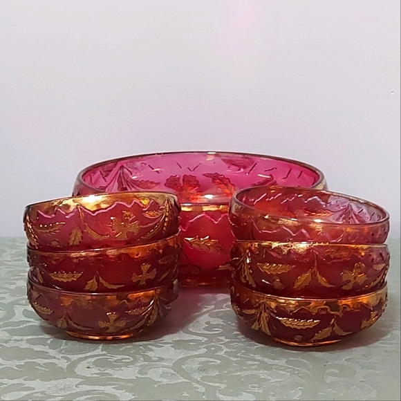 EAPG US GLASS DELAWARE RUBY STAIN/FLASH & GOLD BERRY BOWL SET - Picture 1 of 11